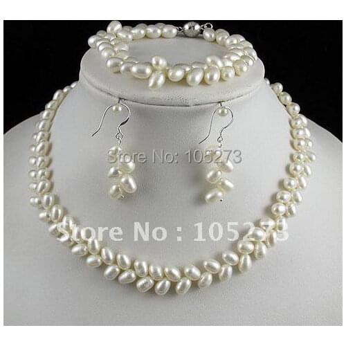 Stunning!jewelry set AA 5-6mm white color Genuine freshwater pearl necklace bracelet earring Hot sale free shipping A2411