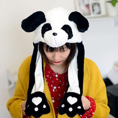 Children Adult Short Plush Cute 3D Cartoon Panda Animal Hat with Moving Ears Double Airbag Paws Warm Earflap Cap Toy Party Props