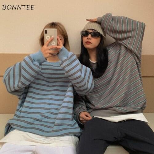 Striped Hoodies Women Friends Couples Casual Loose Autumn Long Sleeve O-Neck All-match Chic New Classic Teens Korean Style Soft