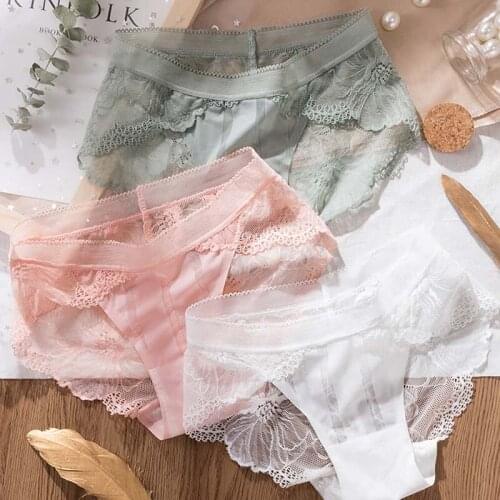 3Pcs/Pack Breathable Women Panties Seamless Lace Ice Silk Briefs Lingerie Sexy Pure Color Hollow Out Female Underpants Underwear