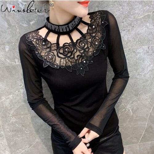 Spring European Clothes T-Shirt Pullover Patchwork Mesh Hollow Out Shiny Diamonds Women Tops Sexy Back Long Sleeve Tees T18403A