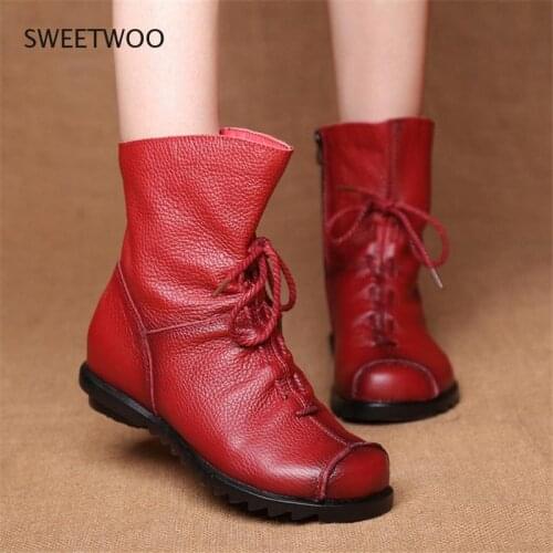 Genuine Leather Plush Womens Short Boots Retro Casual Autumn Winter Womens Boots Waterproof Leather Warm Snow Boots
