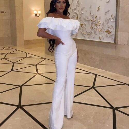 Women Summer Jumpsuit Sexy 2021 New Arrival Plus Size White Bodycon Bodysuit Long Off The Shoulder Ruffle Evening Party Jumpsuit