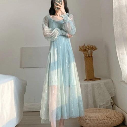 Women Elegant Long Party Dress 2020 Spring Autumn Fashion Female V-neck Full Sleeve Vintage Mesh Dresses Casual Lace Vestido