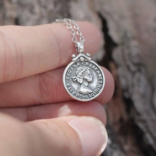 Ladies 925 Sterling silver Coin Necklace Vinatge S Queen Elizabeth Pendant Round Jewellery Party Gift