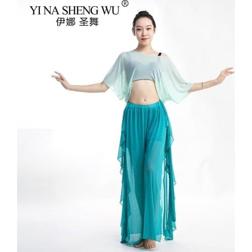 New Fashion Belly Dance Dress Women Modern Oriental Dance Practice Clothes Wide Leg Slit Pants +Mesh Top Suit Dancers Costumes