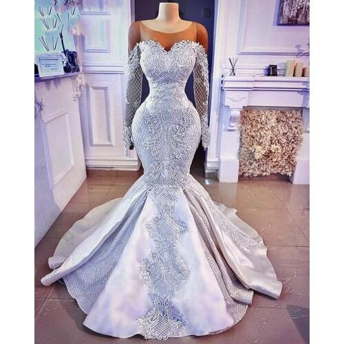 Long Sleeve Wedding Dress African Mermaid for Bride Plus Size 2021 Lace Sheer Neck Luxury Women White Bridal Wedding Gowns