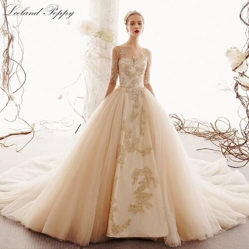 Lceland Poppy New Arrival A-line Champagne Wedding Dresses 2021 Half Sleeves Scoop Neck Beaded Vestido de Novia Bridal Gowns