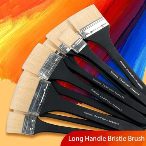 1pc Long Handle Bristle Artist Acrylic Oil Flat Brush Wood Holder Pig Hair Scrubbing Brush for Watercolor Oil Acrylic Painting