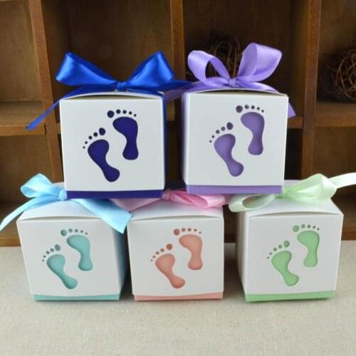 10Pcs Baby Shower Footprint Candy Boxes Favor Holder Ribbon Birthday Gift Case