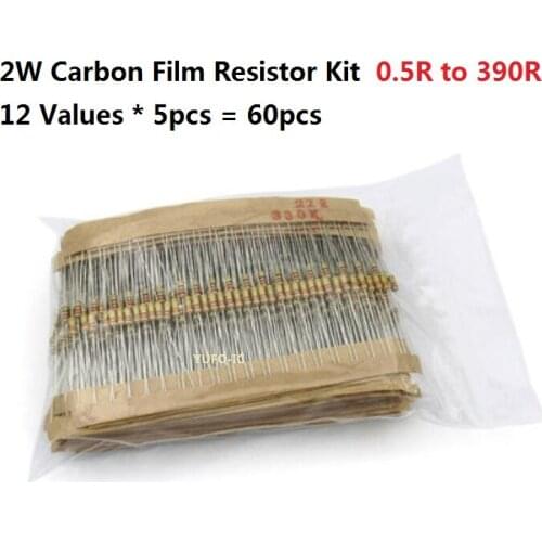 12values*5PCS=60PCS 0.5R-390R 2W 5% Carbom Fillm Resistor kit set Assort pack 1R 4.7R 10R 20R 30R 47R 100R 120R 200R 300R OHM