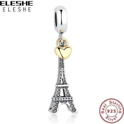 5PCS/Lot ELESHE S925 Sliver Eiffel Tower Pendant Charm Little Gold Heart Bead Fit Original Bracelet & Necklace DIY Jewelry