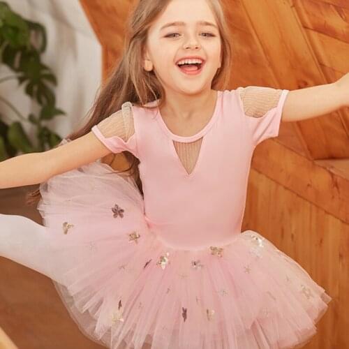 Ballet dress ballerina dance leotard ballet tutu girls ballet performance dress dance costumes short sleeve pink dance dress