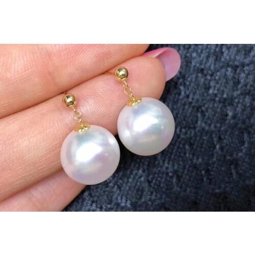 D809 Pearl Earrings Fine Jewelry Solid 18K Gold 9-10mm Nature Fresh Water Akoya White Pearls Stud Earrings for Women Presents