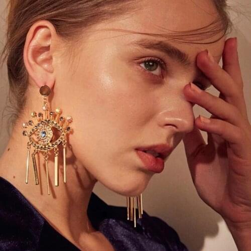 Dvacaman New Hot Unique Blue Eyes Women Crystal Party Earrings Bohemian Long Metal Tassel Drop Earrings Jewelry Accessories AE61