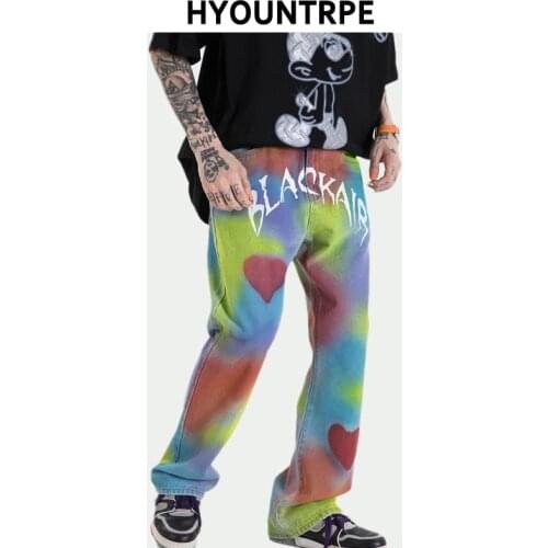 Mens Graffiti Printed Denim Jean Pants High Street Straight Zipper Trousers New Casual Fashion Streetwear Hip Hop Jeans Joggers