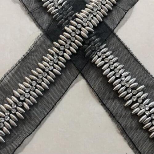 2Yards Handmade Sliver Beads Lace Rhinestone Mesh Ribbon Applique Sewing Accessories Crafts For Clothes Wedding Dress