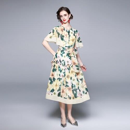 JSXDHK Runway Summer Holiday Boho Dress Elegant Womens Flower Print Yellow Chiffon O Neck Ladies Lace Up Belt Long Boho Dresses