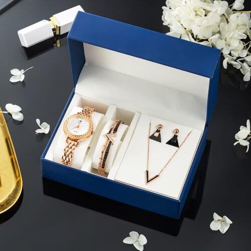 4Pcs/Set Woman Watches Gift Box Set Smart Watch Dial Fashion Quartz watches and 316 Stainless steel bangle neckalce set