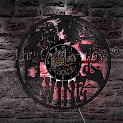 Pub Bar Wine Drink Vinyl Record Wall Clock Wine Glass Beer Bottle Beverage Decorative Lighting With Color Changing