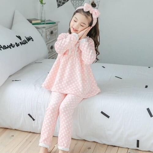 NEW Winter Children Polka Dot Pajamas Girls Loungewear Coral Fleece Kids Pijamas Warm Flannel Sleepwear Homewear teen Pyjama Set