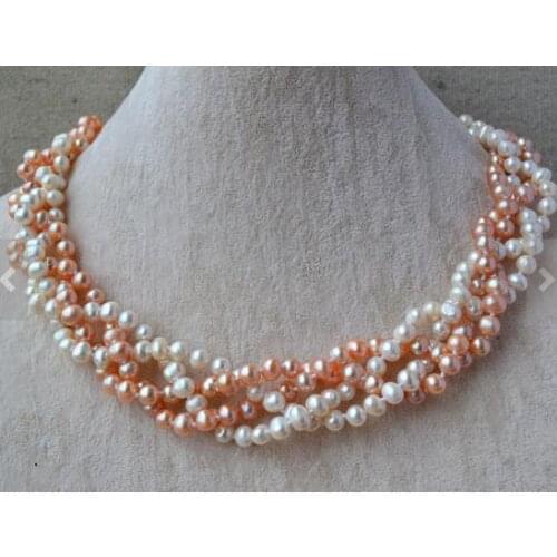 New Arrival Favorite Pearl Necklace White Pink 6MM 4 Rows Real Freshwater Pearl Handmade Fashion Jewelry Nice Women Gift