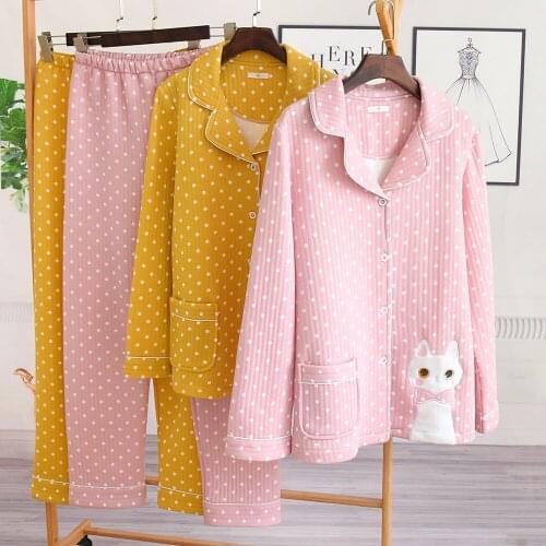 2021 Autumn Winter Thick Cotton Pajamas for Women Thermal Sleepwear Female Cute Cat Long Sleeve Loungewear Dot Printed Homewear