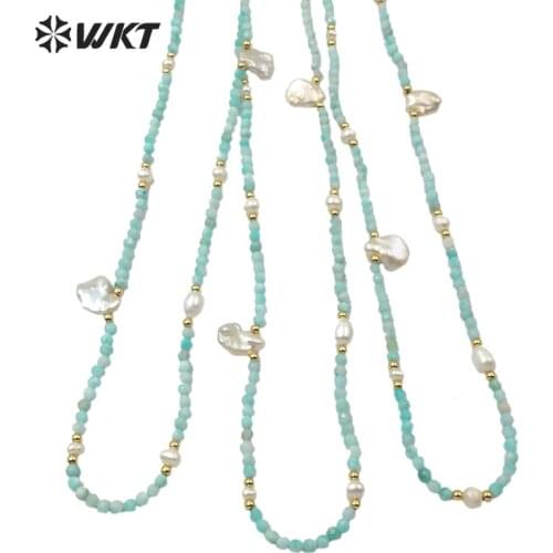 WT-N1181 Natural Stone Necklace 3mm Amazonite Faceted Beads & Natural Pearl Gold Electroplated Beads Necklace 24 inches Necklace