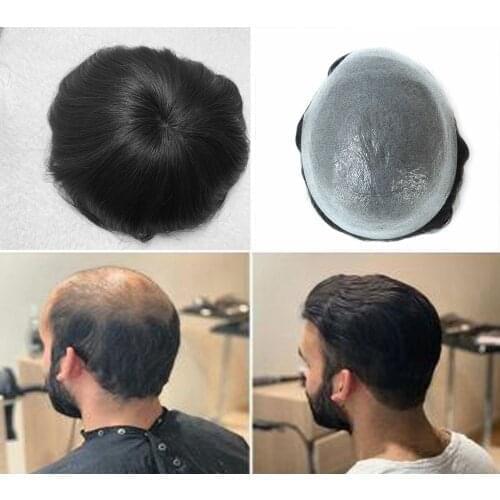 Full pu Wig Natural Black Brazilian Remy Hair 6inch Mens Thin Pu Toupee Replacement System Human Hairpieces Toupee For Men
