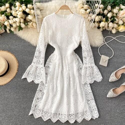 SINGRAIN Women Korean Lace Dress O Neck Flare Sleeve A Line Dress Autumn Solid Casual Elegant Hollow Out Dress