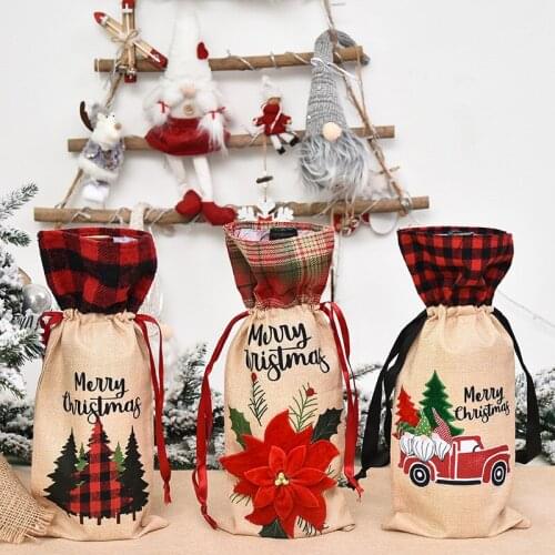 Christmas Supplies Burlap Wine Bottle Bag Wine Bottle Cover Plaid Burlap Holiday Family Atmosphere Layout Christmas Decorations