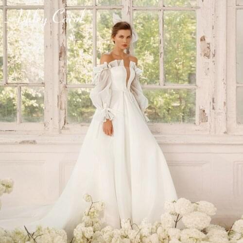 Ashley Carol A-Line Wedding Dress 2021 Charming Strapless With Pleat Bride Shining Puff Sleeve Backless Princess Bridal Gowns