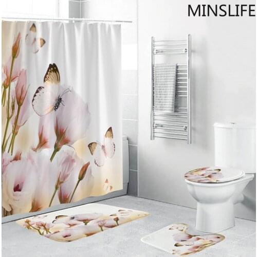 Light Pink Butterfly Flowers Printed Shower Curtain Set with Rugs Anti-slip Mat Bath Toilet Screen Waterproof Bathroom Decor