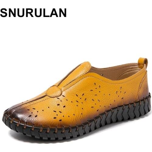 SNURULAN2021 Summer Genuine Leather Vintage Loafers Shoes Women Lazy Slip-On Handmade Leather Breathable Hollow Soft Shoes Woman