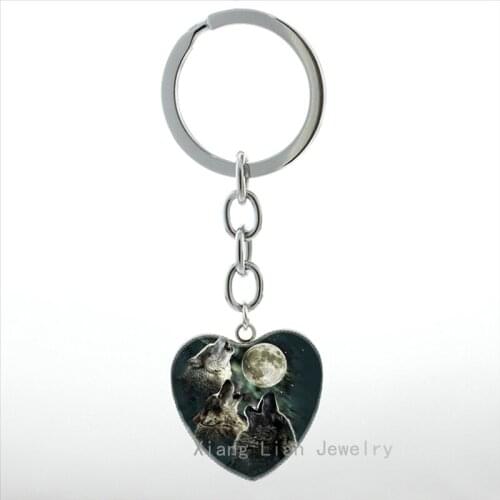 Vintage moon night Howling Wolves keychain Summer Style Full Moon & Wolf Pture heart key chain ring wild animals Jewelry HP530