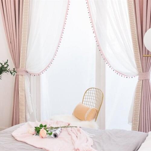 Childrens Room Curtain for Girl Bedroom Daughter Room Pink Curtain Pompon Veil Tulle Curtain