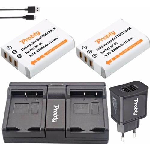 2Pcs Probty NP-95 NP 95 Battery + USB Dual Charger for Fujifilm X30 X100 X100S X100T X-S1 FinePix F30 FinePix F31 fd F31f 3D W1