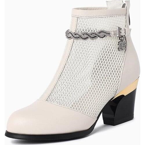 2020 New Rhinestone Cowhide Mesh Splice Cool Boots Summer Women Sandals Fashion Leather Sandals High Heel Sandals Large Size 43