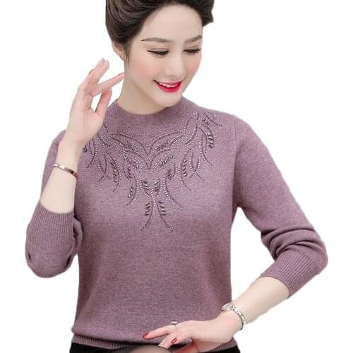 Middle-aged Women Half Turtleneck Sweaters Autumn Winter Thick Warm Pullovers Knitted Jumper Plus Size 5XL Beading Sweater W2269
