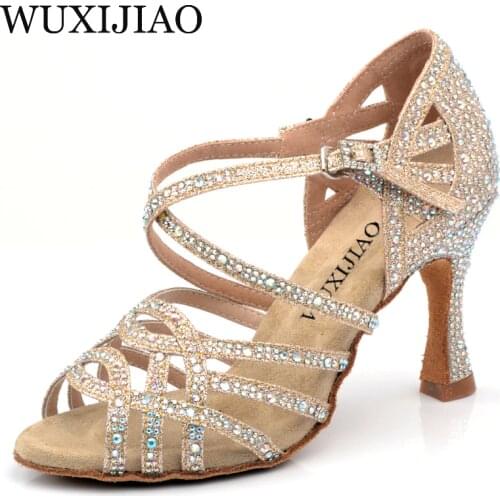 WUXIJIAO Gold silver Rhinestone Latin Dance Shoes Women Salas Ballroom Shoes Pearl High Heel 9cm Waltz Software Shoes Hot Sale