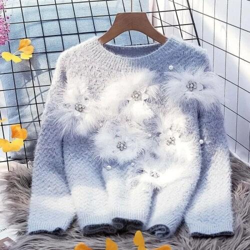 Runway womens sweater luxury floral applique Diamonds Sweety style casual party knit pullover sequin sweater women NS563