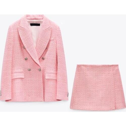 2021 Spring Autumn Women Pnik Tweed Two Pieces Sets Chic Button Office Ladies Blazer Coat & Shorts Skirts Suits Female