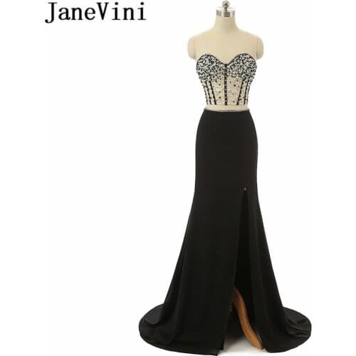 JaneVini Two Pieces Dress Black Chiffon Long Bridesmaid Dresses Mermaid Pearls Strapless High Split Plus Size Vestiti Damigella