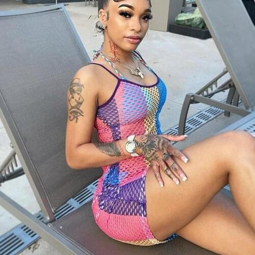 2021 Sexy Beach Wear Cover Up Sleeveless Hollow Out Dress Crochet Knitted Woman Swimwear Bikini Cover Up Hand Made Beach Dresses