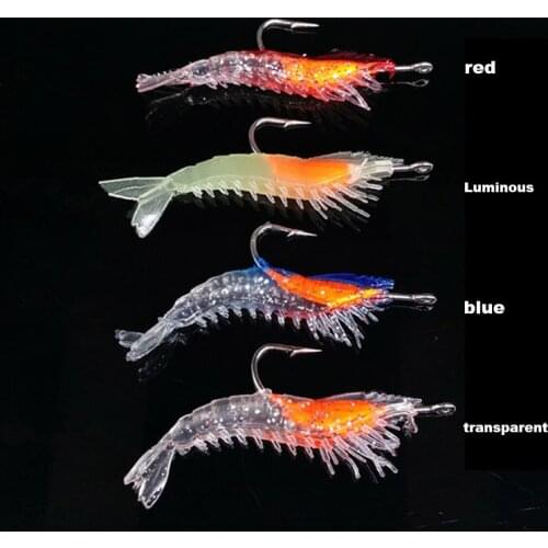 4 PCs/Set Luminous Shrimp Fake Baits Soft Simulation Prawn Lure Fishy Smell Artificial Trout Bait with Single Hook Fishing Tools