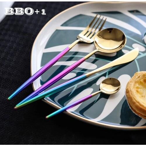 4pcs/set Rainbow Cutlery Set Wedding Tableware Stainless Steel Gold Dinnerware Colorful Dinner Knife Fork Xmas Party Dinner Set