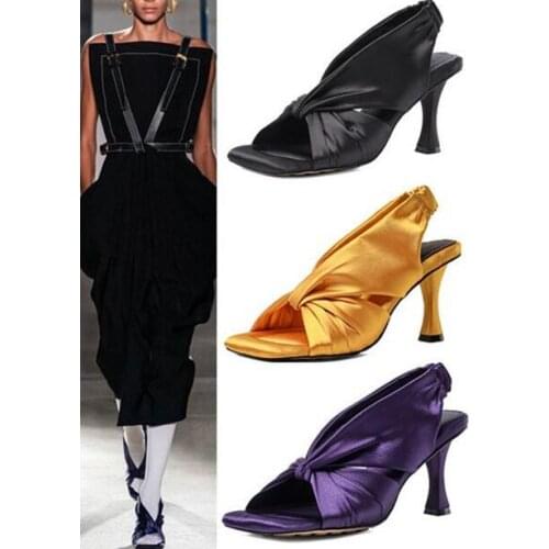 Summer New Woman Black Purple Yellow Silk Cross Open Toe Sandals Female 8 cm High Heels Party Slingback Sandals Shoes Big Size