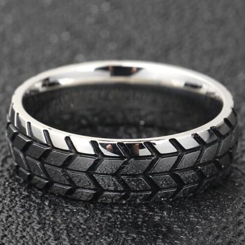 Gold Silver Color Stainless Steel Ring Cool Motorcycle Tire Rings For Men Hip Hop Punk Geometric Striped Ring Wedding Band