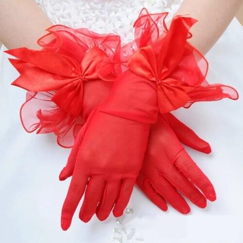 Fashion Lace Bow-knot Bride Glove Short White Red Black Glove Photo Props New Lady Party Wedding Dress Accessories