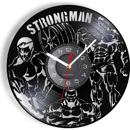 Strong Man Keeping Fit Wall Clock Made Of Real Vinyl LP Record Weightlifting Muscle Men Hanging Wall Watch for Gym & Bodybuilder